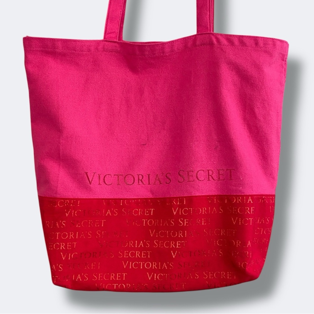 Victoria's Secret Vibrant Pink and Red Canvas Tote Metallic Beach Summer Travel - Picture 6 of 16